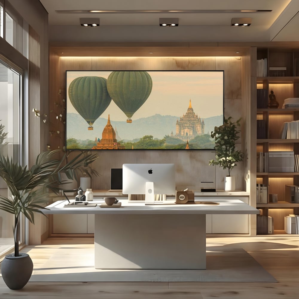Tablou canvas cu tablou canvas cu peisaj din myanmar, in rama de aluminiu negru, pe perete intr-un birou